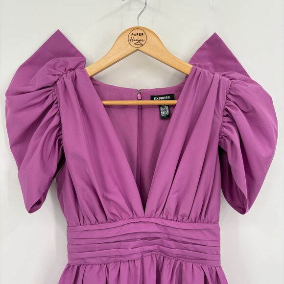 Express V-neck Puff Sleeve Pleated Romper Light Purple, Sz 2, New Year's Party - Picture 3 of 9